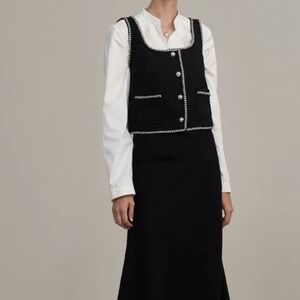 Fabrique Alex Rotin Hailey Contrast Trim Vest Herringbone Tweed Black Vest XS